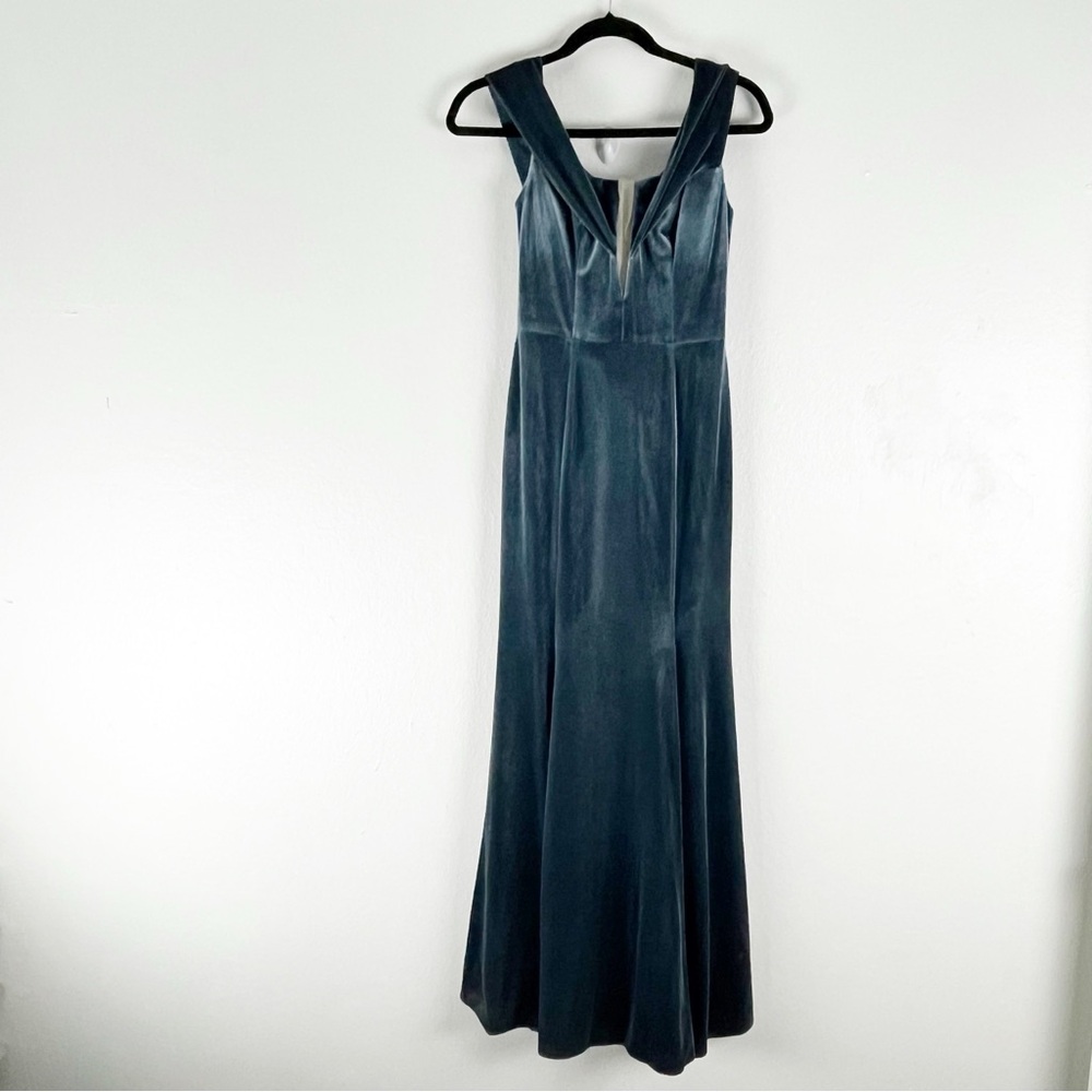 WATTERS Evelyn Steel Blue Stretch Velvet Off Shoulders  V-Neck Dress Size 0 Gala